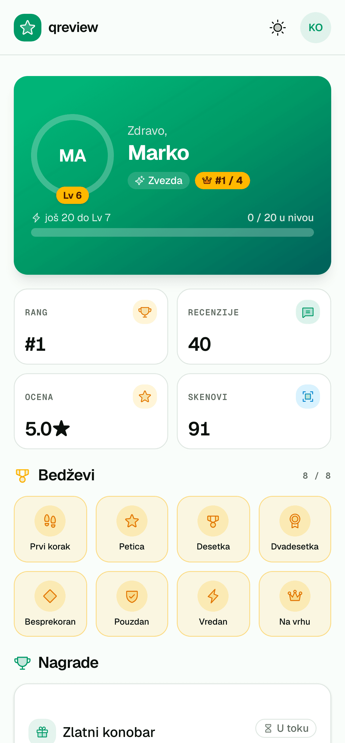 QReview.me konobarov ekran na telefonu: nivoi, bedževi, nagrade